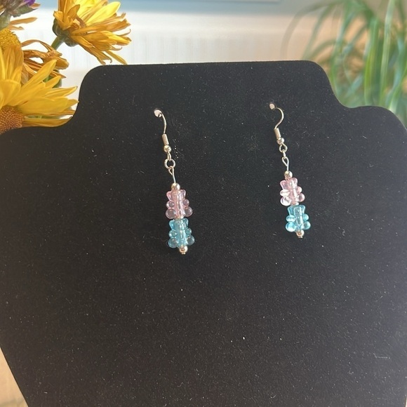 Pink and Blue Mini Gummy Bear Dangle Earrings - Picture 2 of 4